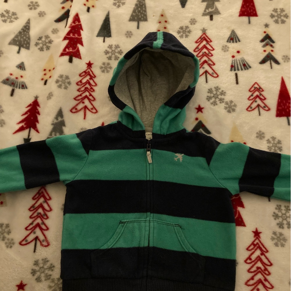 Carters blue and green striped fleece zip up hoodie Size 12 months